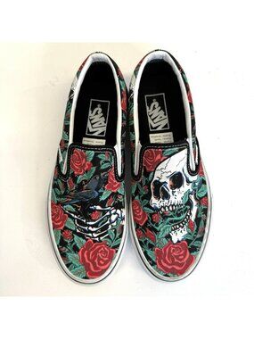 Vans Classic Slip On Shoes Sneakers Tattoo Skull Rose Unisex Mens 6 Womens 7.5